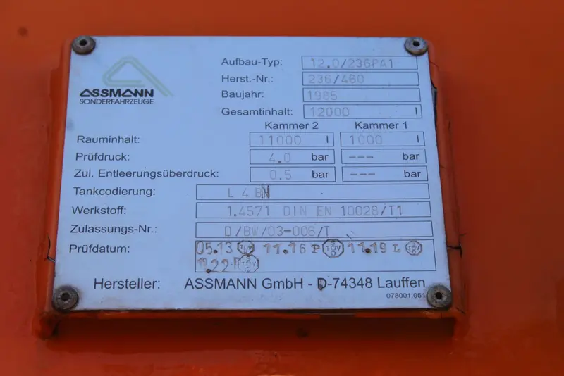 Andere Marken Assmann 12m³ Saug u.Druck INOX V4A +ADR/GGVS – Tankaufbau, Erstzulassung 1985, Ansicht 18